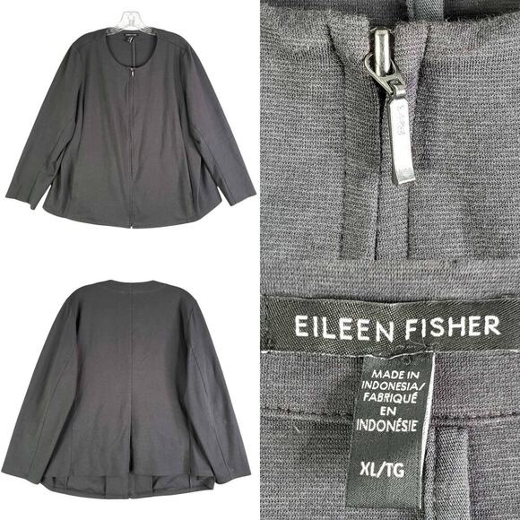 Eileen Fisher Jacket Blazer Full Zip Collarless Black Size XL Pockets - Picture 1 of 8